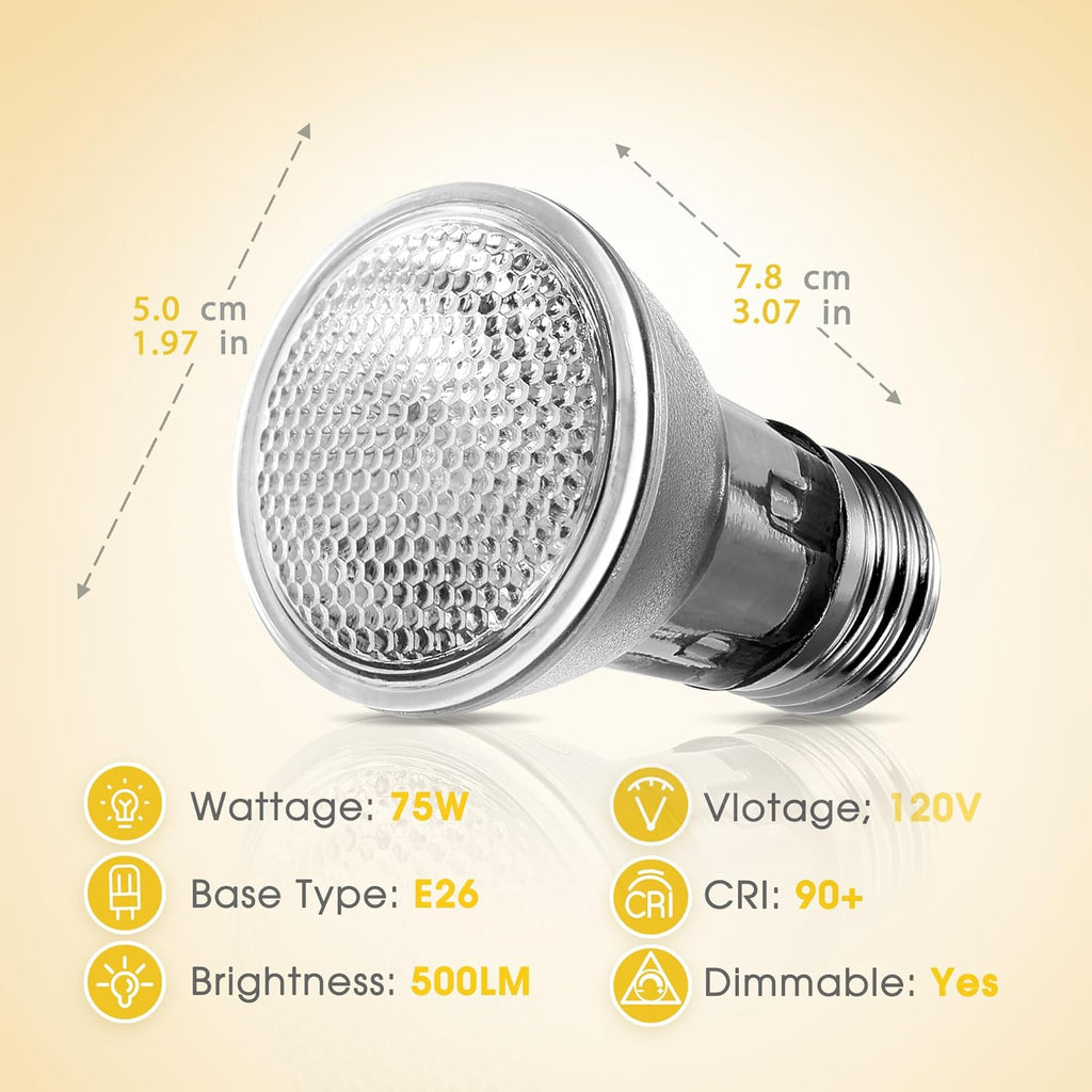 Reptile Heat Bulb 2 Pack, 75W UVA Reptile Light Bulbs, Dimmable Heat Lamp Bulbs Basking Spot Light Bulb for Reptiles, Amphibian, Bearded Dragon, Lizard, Chicken