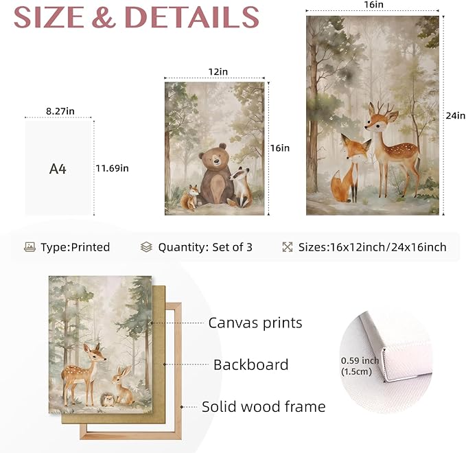 Cyebmo Framed Woodland Animals Wall Art Set of 3, Baby Boy Wild Forest Animals Wall Decor, Deer Bear Fox Wrapped Canvas Painting, Neutral Aesthetic Pictures for Kids Room Benroom Nursery 16"x24"x3