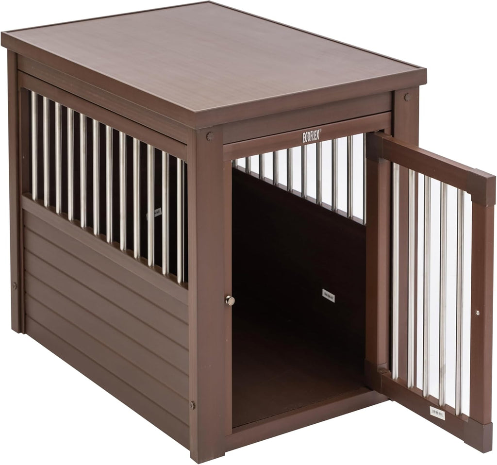 New Age Pet ECOFLEX Dog Crate End Table - Furniture-Style Pet Crate for Crate Trained Dogs - Stainless Steel Tubing & a Latched Closure - 10 Year Manufacturer's Warranty, Medium, Brown