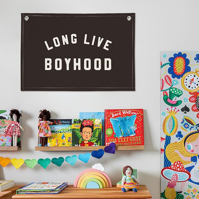 "Long Live Boyhood" Wall Banner 20x30 Inch - Boys Room Decor, Linen Canvas Wall Hanging for Toddler Playroom, Rustic Nursery Sign, Adventure Theme Kids Bedroom Banner - Black