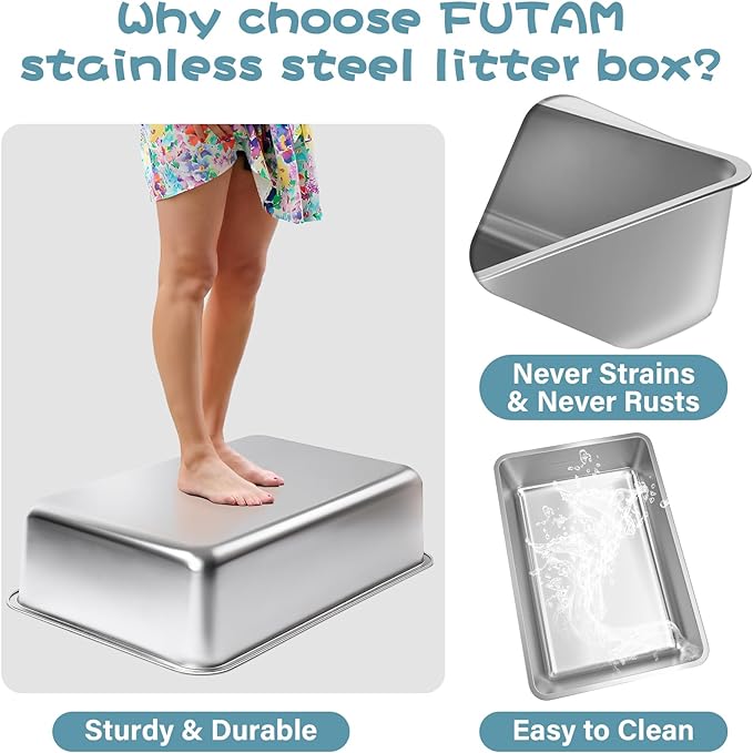 Stainless Steel Cat Litter Box, 23.6"x15.8"x8" XXL Stainless Steel Litter Box 8 - Image 4