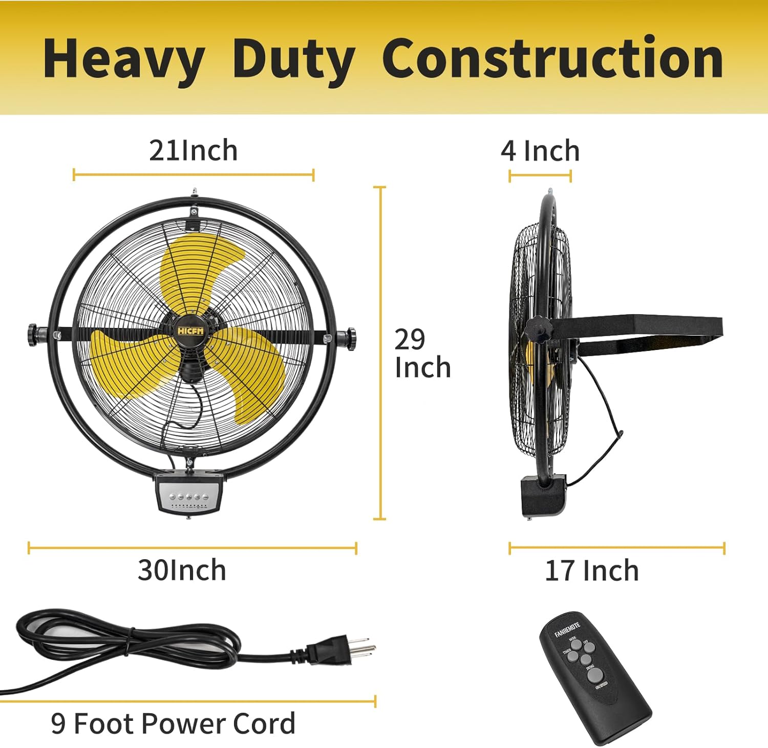 HiCFM 20" Remote Control Wall Mount Fan, 5100 CFM High Velocity 3-Speed Oscillating Wall Fans with Timer for Industrial, Commercial, Warehouse, Garage, Gazebo and Patios - UL Listed