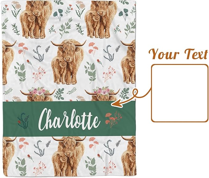 Personalized Baby Name Blanket for Boy Girl, Soft Flannel Blanket with Double Layer Dotted Backing for Infant Newborn, Nursery Crib with Floral Highland Cow Design, Gifts for New Mom(30”x40)