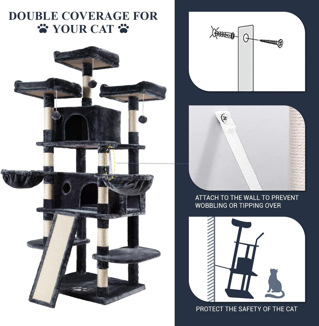 Allewie 68 Inches Cat Tree/House and Towers for Big Feline/Scratching Post/Multi-Level Large Kitty Climbing Tree with Condo/Smokey Grey