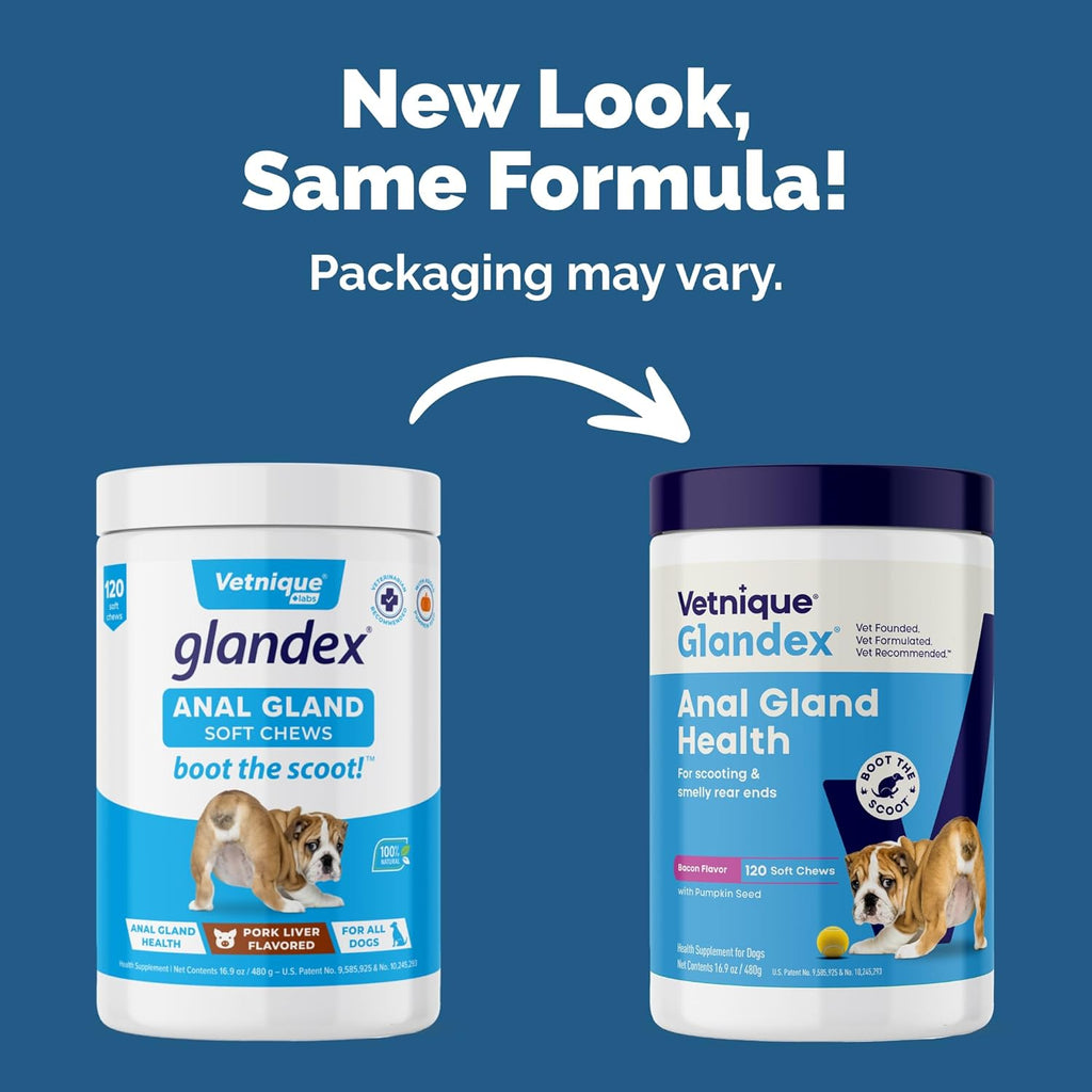 Vetnique Labs Glandex Anal Gland Soft Chew Treats with Pumpkin for Dogs Digestive Enzymes, Probiotics Fiber Supplement for Dogs Boot The Scoot (Bacon/Pork Chews, 120 Count)