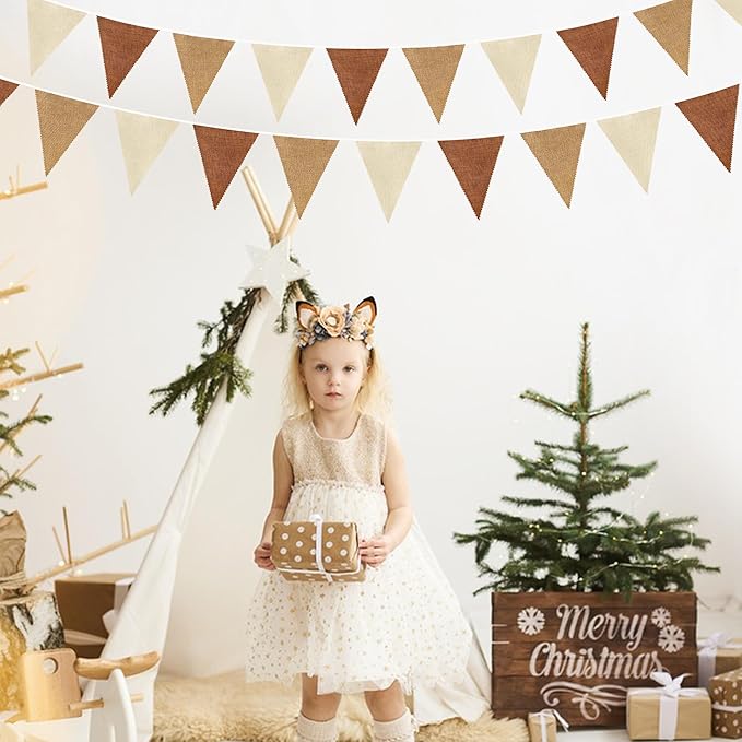 32Ft Brown Party Decorations Boho Pennant Banner Fabric Triangle Flag Linen Bunting Garland Streamers for Woodland Teddy Bear Baby Shower Jungle Safari Birthday Home Nursery Outdoor Garden Decor