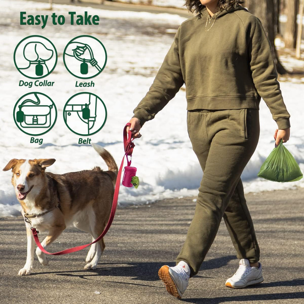 Dog Poop Bag Holder for Leash Doggie Waste Bag Dispenser Soft Fabric Puppy Potty Carrier Small Doggy Zipper Pouch with Carabiner Clip 1680D Nylon Oxford with 1 Roll of Pet Trash Bags, Rose Red