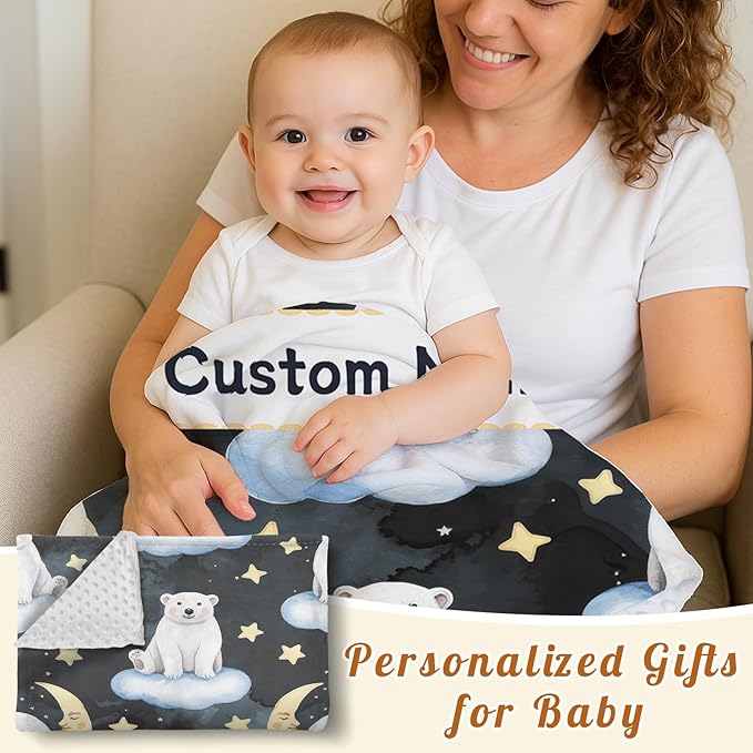 Custom Baby Blanket with Name, Double Layer Soft Dot Back Personalized Baby Blanket for Boys Girls, Polar Bear Blanket for Newborn Toddler, Customized Swaddle for Kids Birthday Gifts(30" x40)