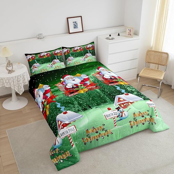 Feelyou Santa Claus Printed Comforter Set Christmas Bedding Set for Kids Boys Girls Galaxy Blue Cute Decor Comforter Snowman Snowflake Quilt Collection 3Pcs Queen Size