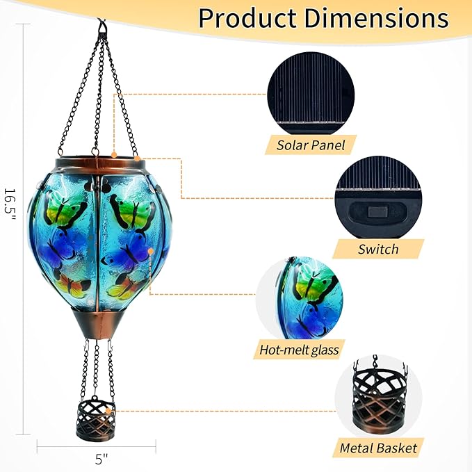 Glass Solar Hot Air Balloon Lantern with Flame Hanging Garden Flickering Light Outdoor Waterproof for Yard Patio Tree Mother's Day Gift, Butterfly