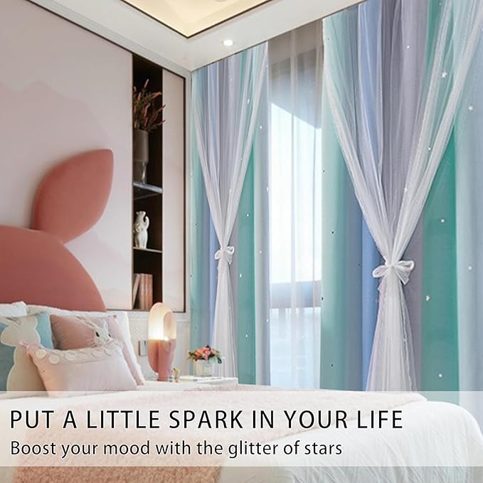 XiDi Blackout Curtains for Girls Bedroom 45 Inch Length 2 Panels Rainbow Kids Grommet Window Drapes for Nursery Living Room Decro Princess Unicorn Wall Decals Blue Green Grey 34 Inches Wide