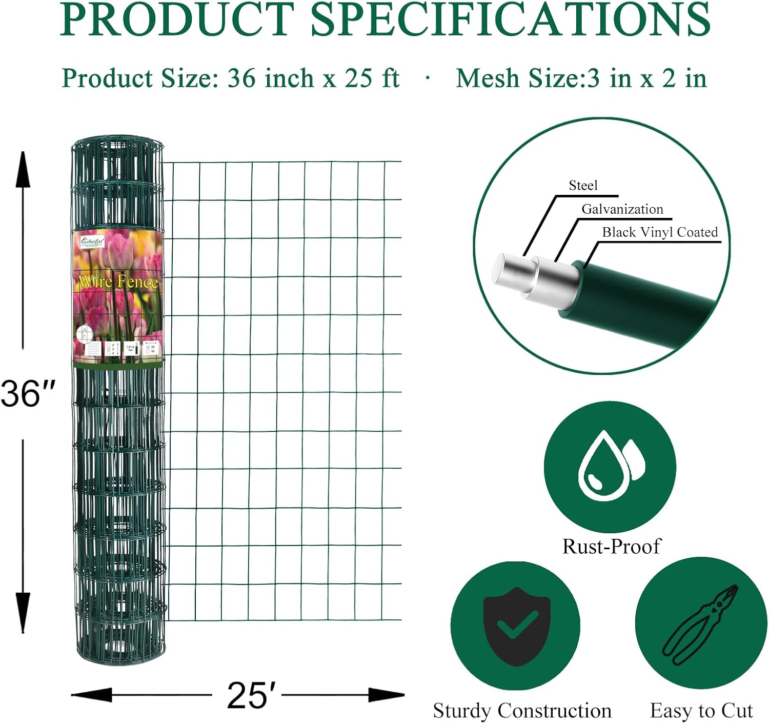 Green PVC Coated Welded Wire Fence 36 Inch x 25 Foot, 2 Inch x 3 Inch 16GA, Garden Border Fencing Roll Vinyl Coating Metal Wire Mesh for Yard Vegetable Plant Protection Poultry Netting