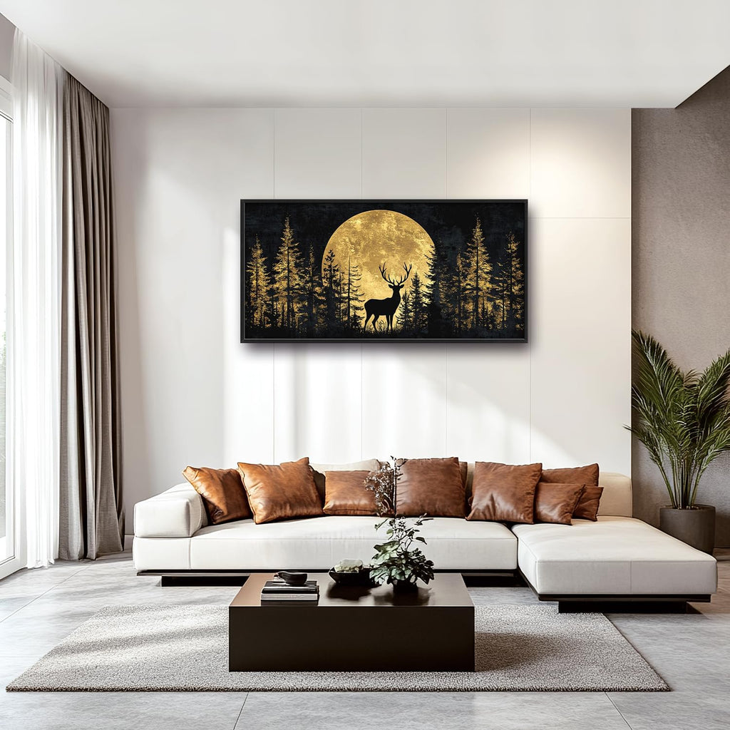 Large Moon Deer Forest Wall Art for Living Room, Black Gold Canvas Oversized Wall Decor, Elk Animal Framed Pictures Painting Print Artwork for Bedroom Office 60L" x 30W"