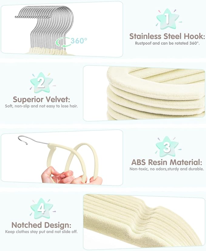 VIS'V Baby Hangers, 11 Inch Velvet Kids Hangers with 6 Pcs Clothes Size Dividers, Infant Toddler Nursery Closet Organization, Non Slip, Beige, 50 Pcs