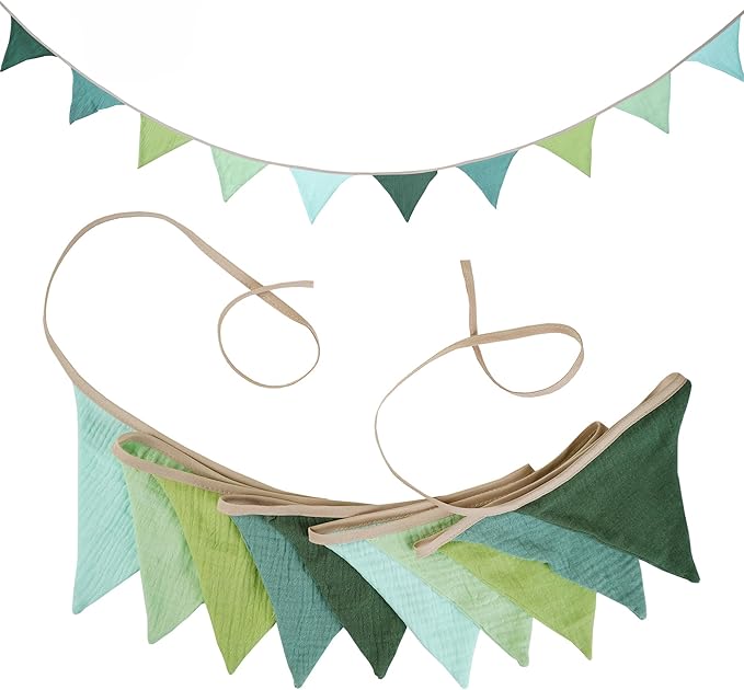 Fabric Bunting Banner, 2 Pack Handmade Neutral String Banner Each 8.5 ft 10 Flags Nursery Wall Hanging Wedding Birthday Home Baby Shower Party Decoration Bunting (Green)