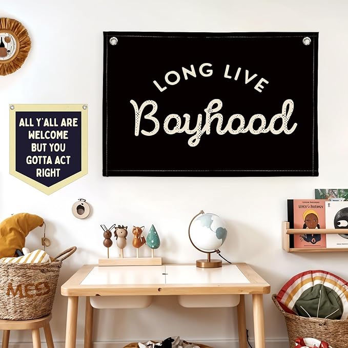 Lacama Long Live Boyhood Boys Room Decor, Boy Nursery Decor, Canvas Banner Wall Hanging Banner Flag Decor for Nursery Playroom Toddler Room, Boys Kids Rooms Decor 30x20 Inch (Black)