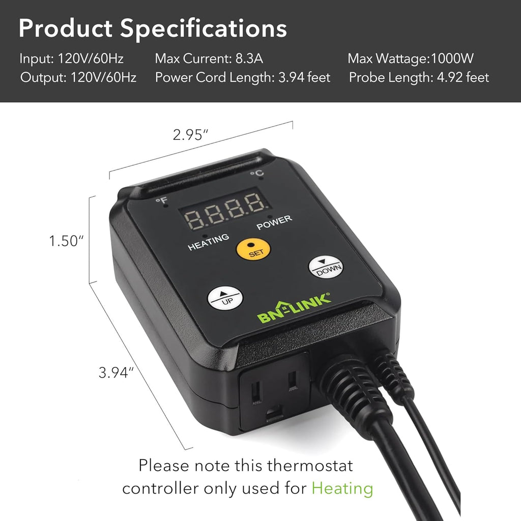 BN-LINK Digital Heat Mat Thermostat Controller for Seed Germination, Reptiles and Brewing Breeding Incubation Greenhouse, 40-108°F, 8.3A 1000W ETL Listed
