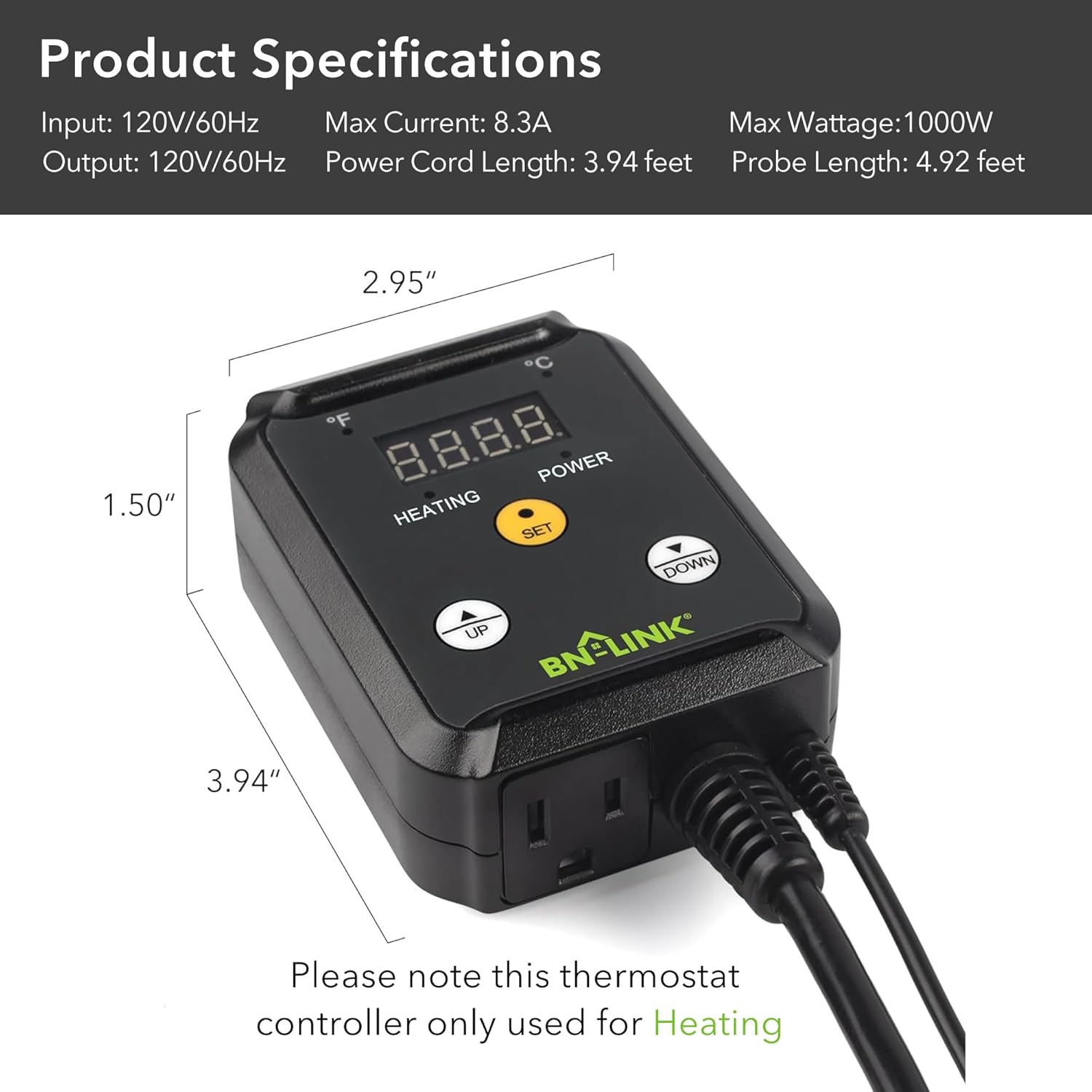 BN-LINK Digital Heat Mat Thermostat Controller for Seed Germination, Reptiles and Brewing Breeding Incubation Greenhouse, 40-108°F, 8.3A 1000W ETL Listed