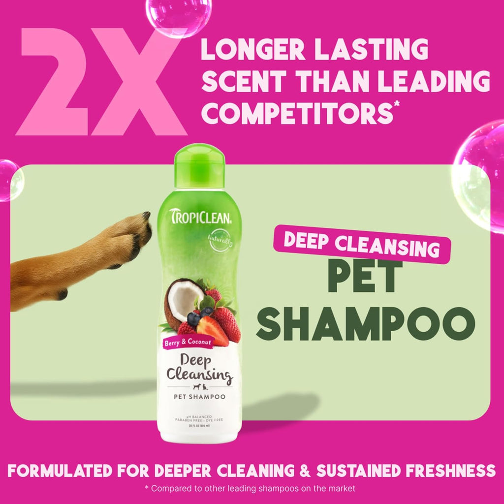 TropiClean Deodorizing Dog Shampoo for Smelly Pets, Long Lasting Odor Control, Puppy Safe, Made in the USA, Berry Scent, Cat Friendly, 20oz.