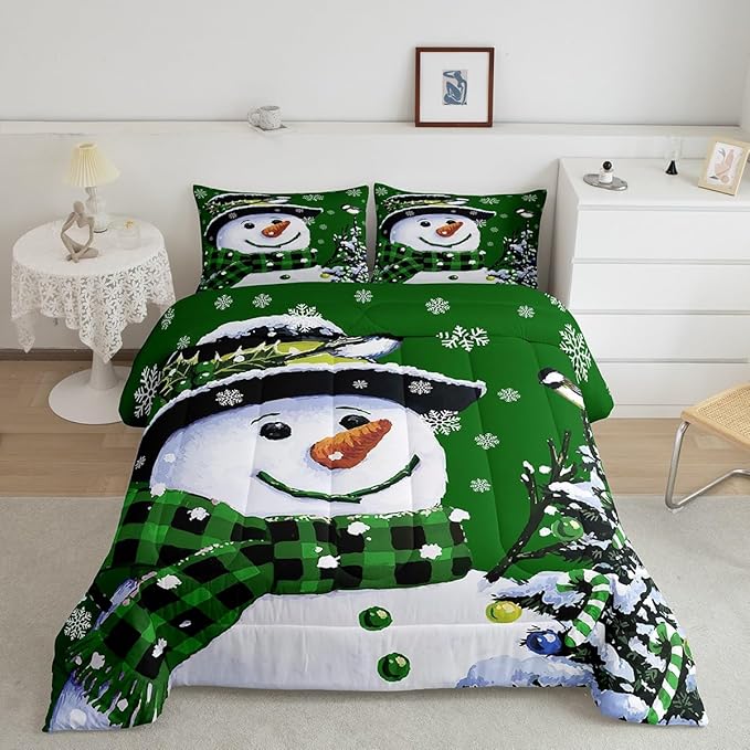 Feelyou Kids Christmas Theme Decorations Bedding Set Xmas Snowman Comforter Set for Boys Girls Snowflake Kawaii Cute Comforter Green Quilt Set Bedroom Collection King Size