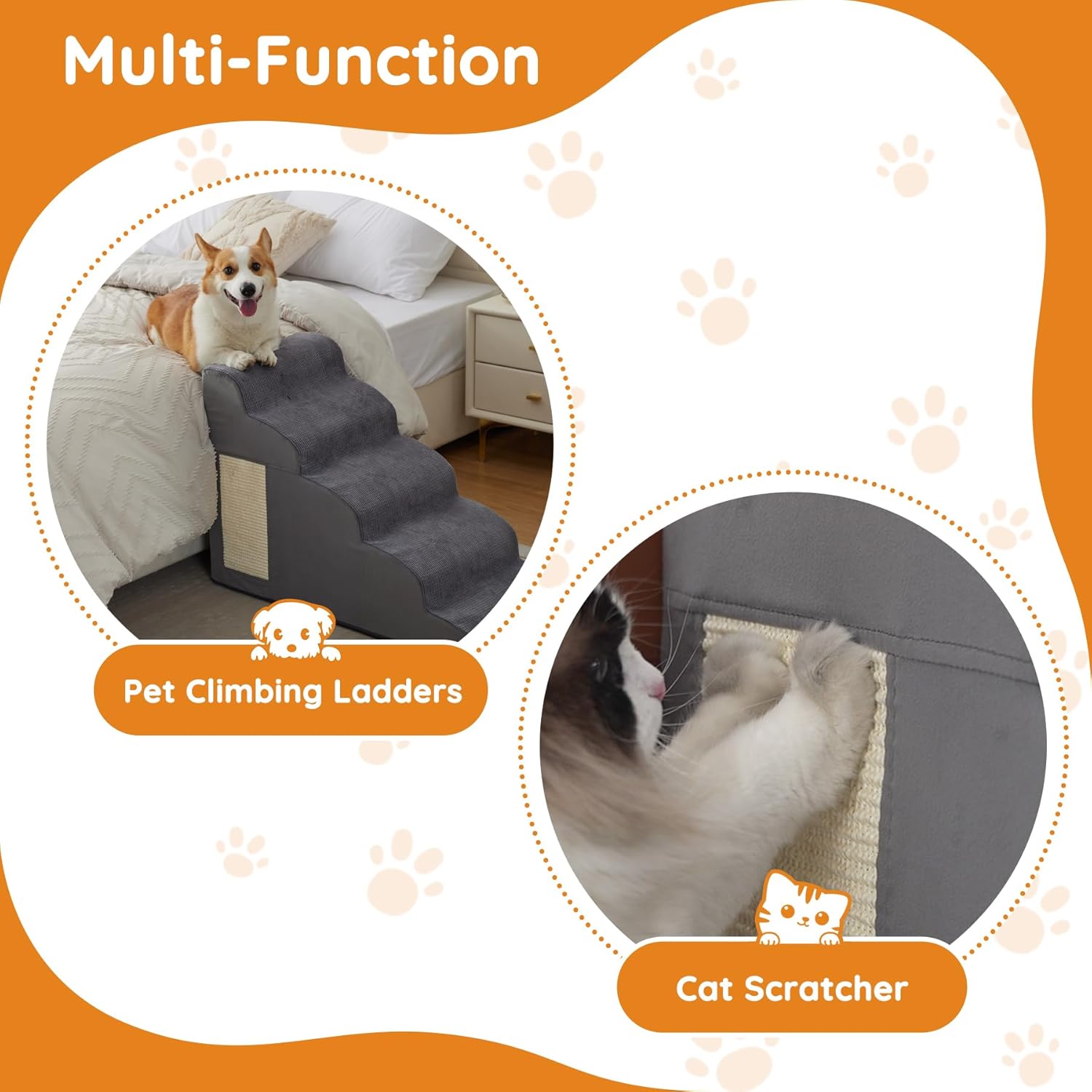 Dog Stairs for Small Dogs, 4-Step Dog Ramp for Bed 19.7" H, Dogs Steps for Bed, Couch, Pet Stairs with Non-Slip Bottom Design, Cat Scratching, High Density Foam Portable Pet Steps, Indoor, Grey