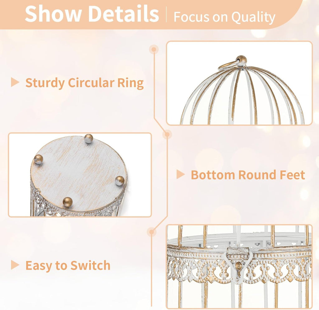 NUPTIO Decorative Bird Cage Lantern: 2 Set of 10 inch Tall Rustic White Birdcage Lanterns Centerpiece Vintage Decorating Metal Pillar Candle Holder for Christmas Bridal Shower Party Decor
