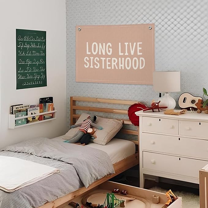 Long Live Sisterhood Nursery Banner - Pink Linen Wall Hanging for Baby Shower, Toddler Room Decor & Girls Bedroom - Sister Friendship Art Inspirational Banner 20x30