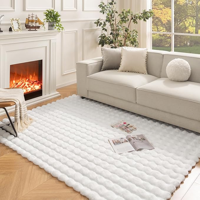 Ashler Faux Rabbit Fur Rug, White 6x9 FT Fluffy Soft Runner Area Rugs, Rectangle Fuzzy Carpet for Living Room, Bedroom, Machine Washable Shaggy Nursery - 3D Bubble Mat