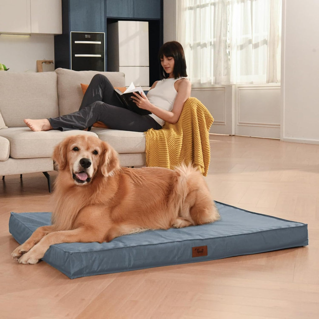 Outdoor Extra Large Dog Bed, Jumbo Waterproof Dog Bed for Large Dogs, Orthopedic Egg Foam Pet Bed Mat with Removable Oxford Cooling Cover, Blue