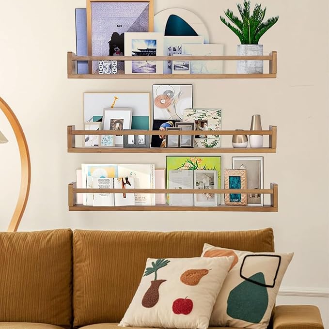 AZSKY Light Walnut Nursery Book Shelves, 36 Inch Floating Wall Mounted Bookshelf, Kids Room Hanging Shelves, Children Toddlers Toys Books Storage Organizer a Set of 3
