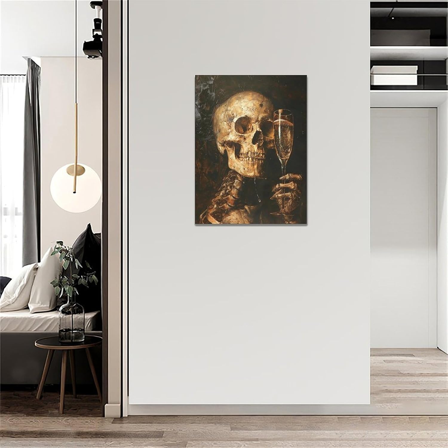 Quorin Gothic Skeleton Wall Art Goth Skull Champagne Wall Decor Dark Academia Pictures Horror Canvas Print Painting Artwork for Bathroom Living Room Bedroom 12"x16"