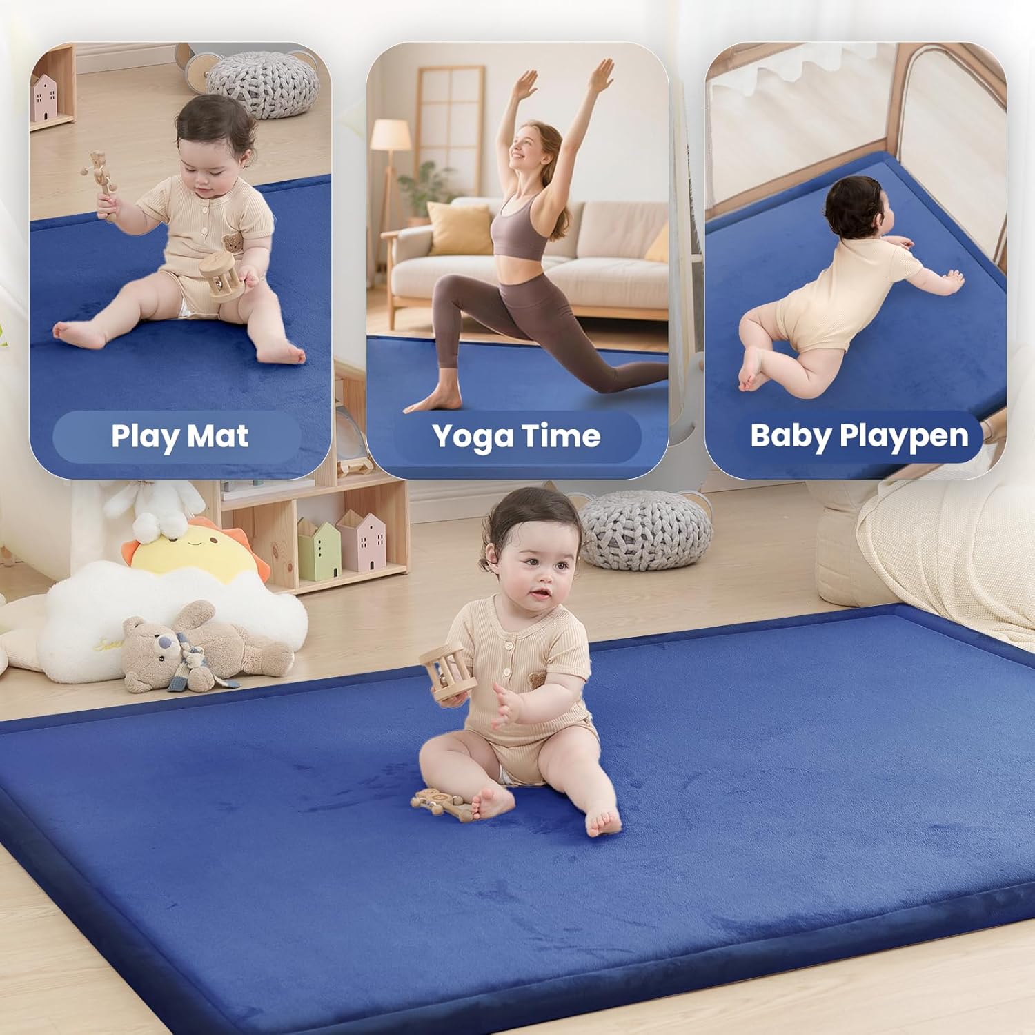 Baby Play Mat for Floor,1.3" Thick Memory foam Tummy Time Mat,Soft Coral Velvet Nursery Rug,Extra Large Non Slip for Toddlers,Infants,kids