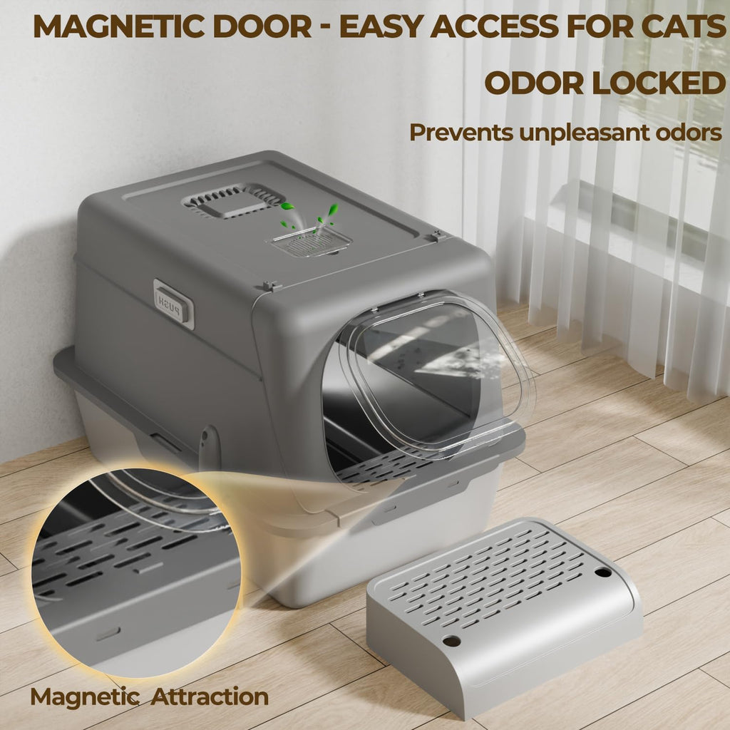 XX-Large Stainless Steel Cat Litter Box with Lid – Fully Enclosed Large Litter Box for Big Cats, Odor Control with Magnetic Door, Easy Clean, Multi-Cat Durable Metal Pan.(Grey)