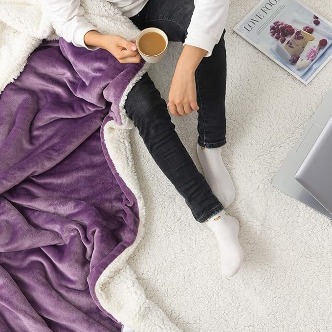 NANPIPER Couch Blanket Reversible Sherpa Flannel Blanket Ultra-Soft Plush Warm Fleece Microfiber (60"x80",Cassis Purple)