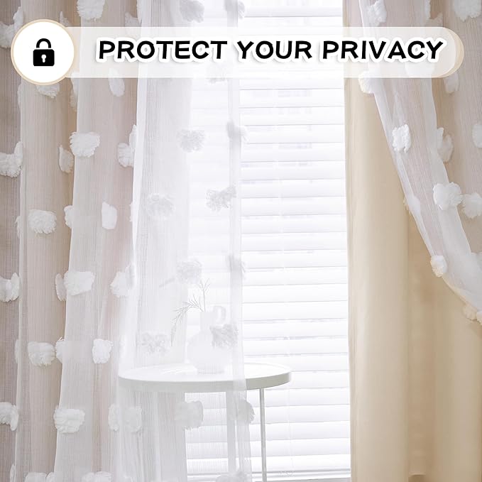 MYSKY HOME Beige Curtains for Living Room 90 Inches Long Nursery Curtains for Bedroom Double Layer Curtains White Pom Pom Sheer Curtains for Dining Room Grommet Room Darkening Window Panels W52 X L90