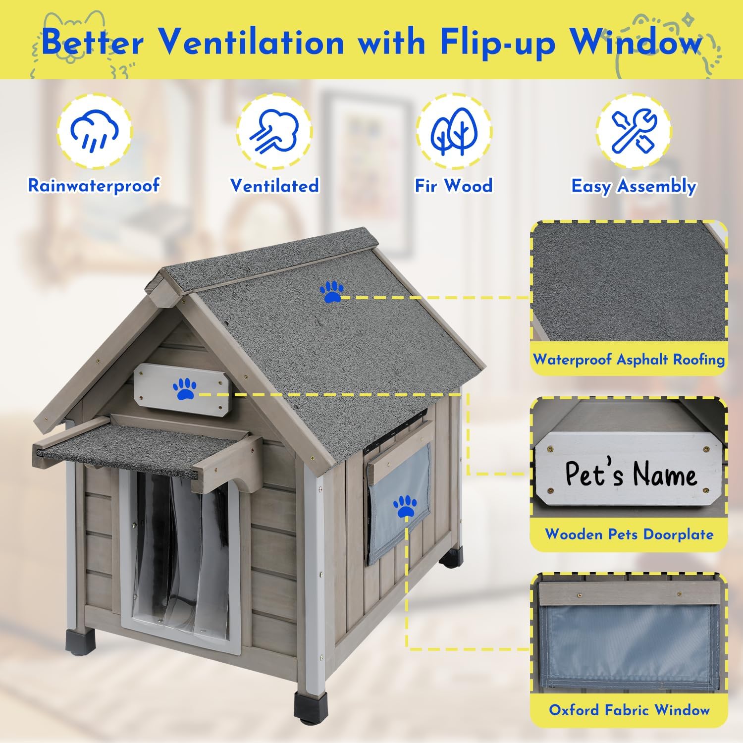 Outdoor Dog House Weatherproof Large Wooden Dog Kennel Indoor for Small Dogs with Chew-Proof Frame, Oxford Fabric Window, Removable Floor Pet Shelter (Grey, 18.1" D x 25.2" W x 24" H)