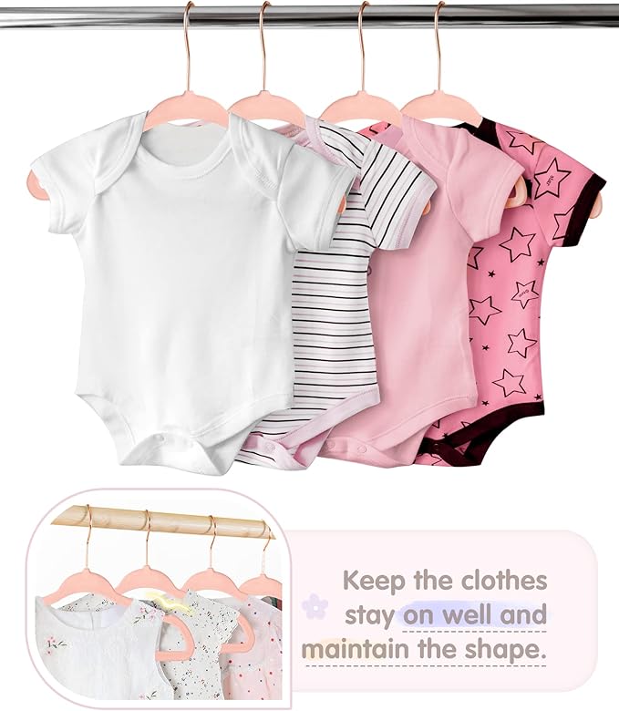 VIS'V Baby Hangers, 11 Inch Velvet Kids Hangers with 6 Pcs Clothes Size Dividers, Infant Toddler Nursery Closet Organization, Non Slip, Pink, 50 Pcs