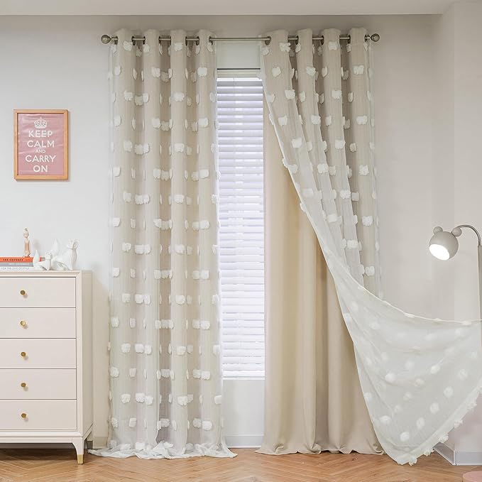 MYSKY HOME Beige Curtains for Living Room 90 Inches Long Nursery Curtains for Bedroom Double Layer Curtains White Pom Pom Sheer Curtains for Dining Room Grommet Room Darkening Window Panels W52 X L90