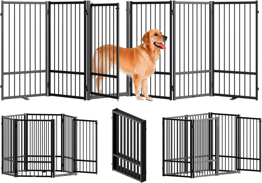 Full Metal Freestanding Dog Gate with Door, 32''Height Foldable Pet Dog Fence for Indoor & Outdoor, 6 Panels Extra Wide Free Standing TallDog Gates for Doorways,House,Stairs,Porch,Deck,Yard