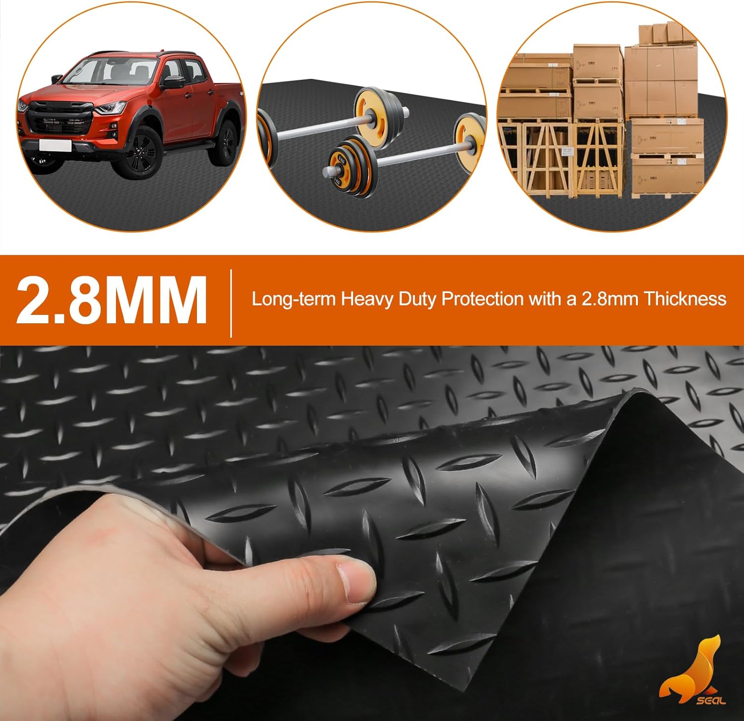 SEAL 5 x 15 Ft Premium Garage Floor Mat, Solid 2.8mm Thickened Black Commercial Grade Heavy Duty Parking Mat for Garage Floor, Golf Cart, Water/Stain Resistant Floor Runner (Embossed Diamond Plate)