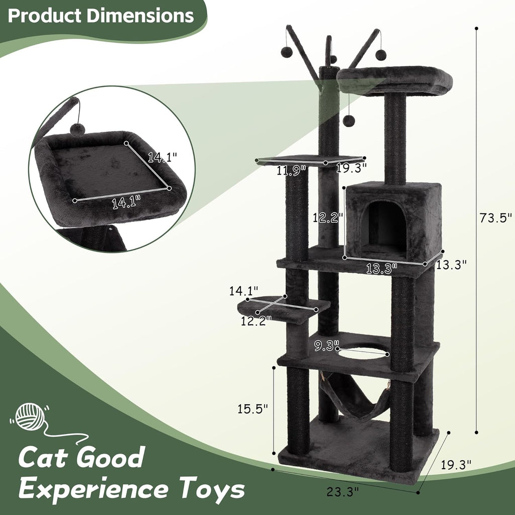 KAMABOKO Cat Tree, 73.6" H Tall Climbing Modern Indoor Play Tower for Large Cats and Kittens, Cats House with Cat Cave Condo, Cat Tree Hammock, Multi-Level Cat Activity Tree, and Cute Scratching Posts
