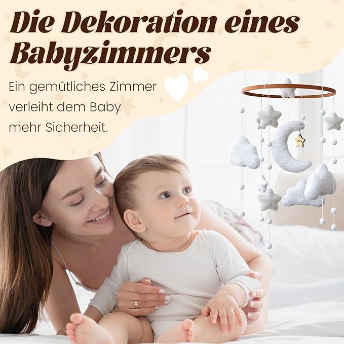 Boho Cloud Moon Crib Mobile Kids Room Accessory Baby Mobile for Crib Neutral Clouds, Moon & Stars Design Mobile for Boys & Girls