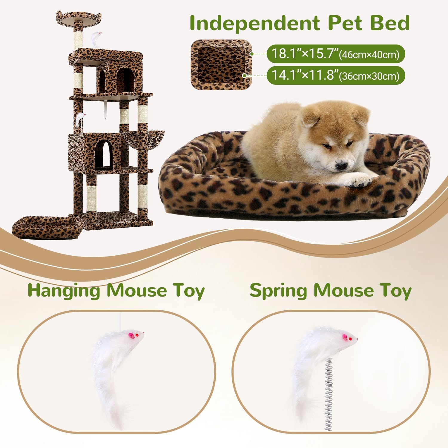 Globlazer Heavy Duty Cat Trees for Large Cats, Sturdy 72in Maine Coon Cat Tree for Large Cat 20 lbs+ Heavy Duty Cat Tower for Adult Biggest Cats with 6 Scratching Posts, Hammock, S72, Leopard Print