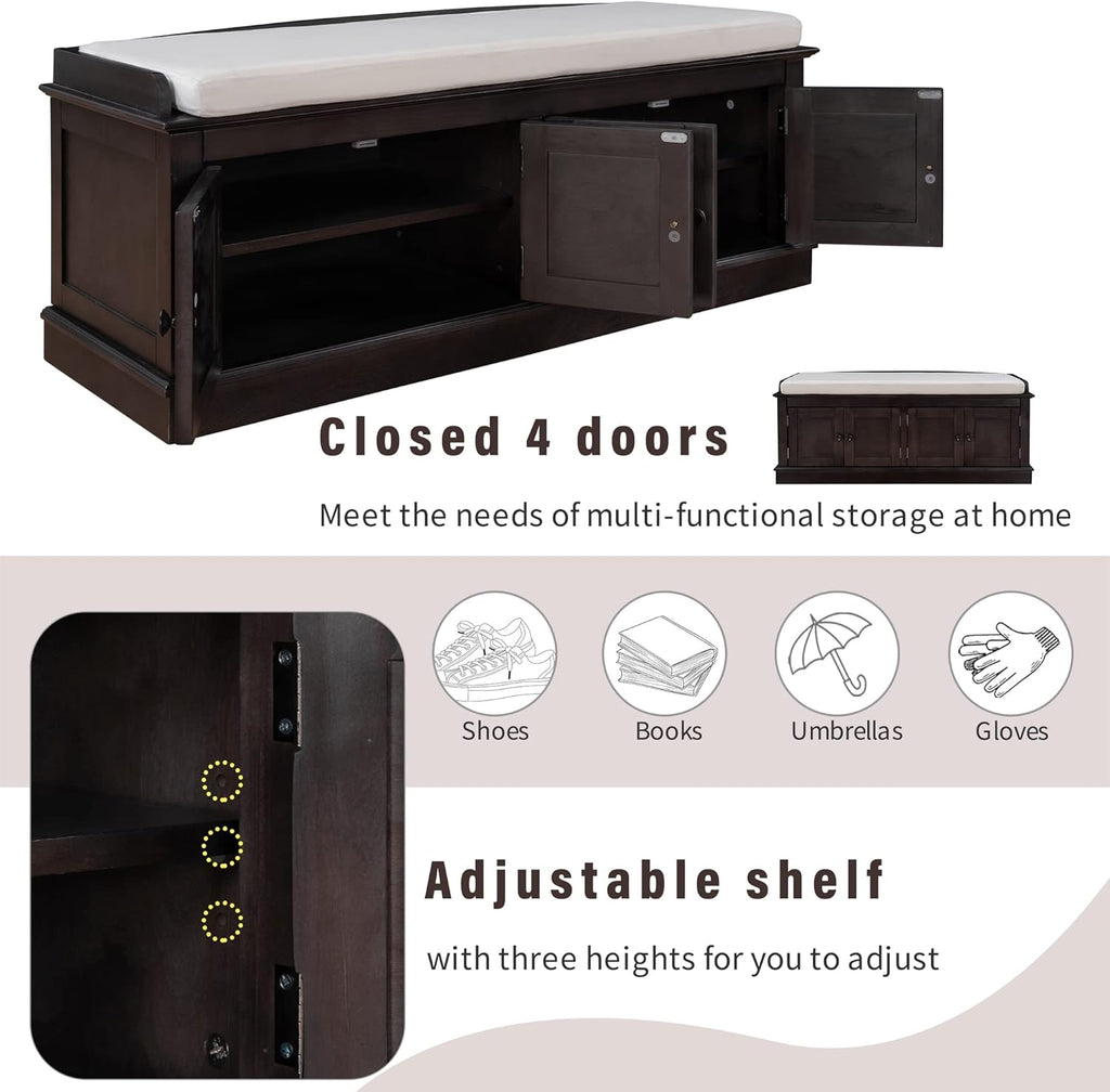 Shoe Storage Bench with 4 Doors and Adjustable Shelves, Shoe Bench with Removable Cushion for Living Room Entryway 42.7" L * 16" W * 17.4" H Espresso