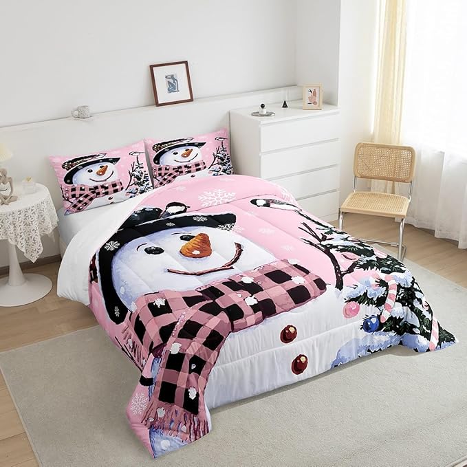Feelyou Kids Christmas Theme Decorations Bedding Set Xmas Snowman Comforter Set for Boys Girls Snowflake Kawaii Cute Comforter Girly Pink Quilt Set Bedroom Collection Twin Size