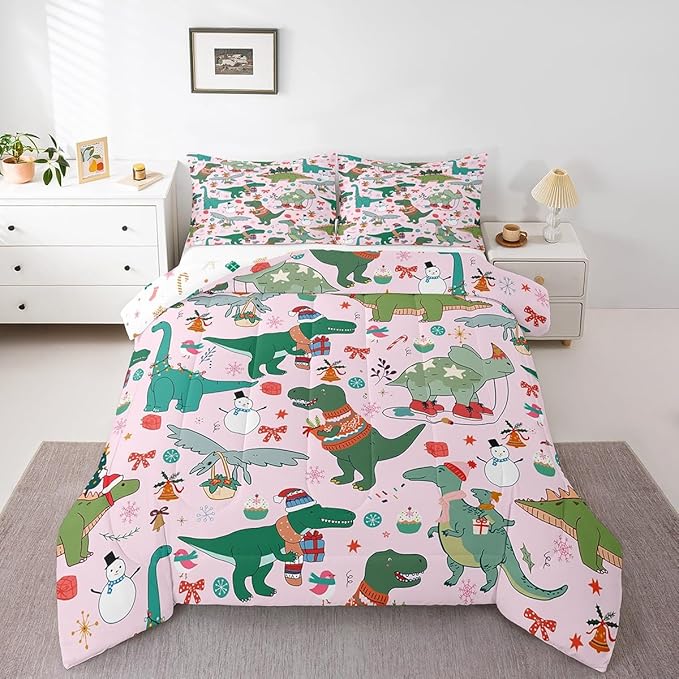 Feelyou Christmas Pink Comforter Set Toddler Size for Kids Boys Girls Cartoon Xmas Dinosaur Bedding Set Snowman New Year Decorations Bedroom Quilt Set
