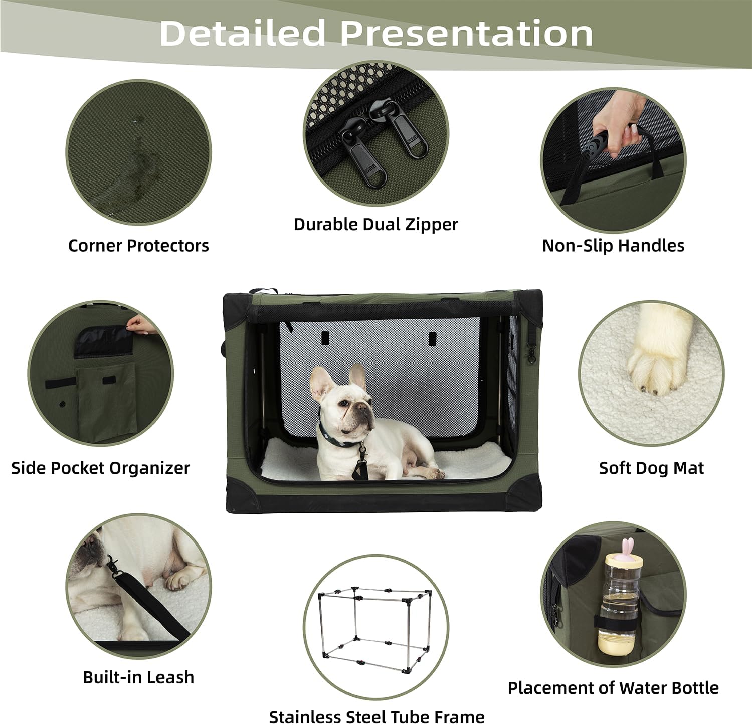 Pettycare Portable Travel Dog Crate 4-Door Soft Sided 42 Inch Collapsible Dog Crate with Curtains Durable Mesh Foldable Pet Kennel Soft Crates for Large Dogs Indoor & Outdoor Olive Green