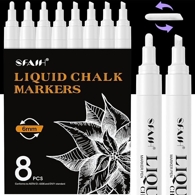 SFAIH Liquid Chalk Markers for Bhalkboard - White 8 Pack 6mm Reversible Tip, Wet Erase Chalk Marker for Chalkboard, Menu, Bistro, Signs, Windows, Glass, Labels, Dust-Free [1s Wet Wipe] - No Residue