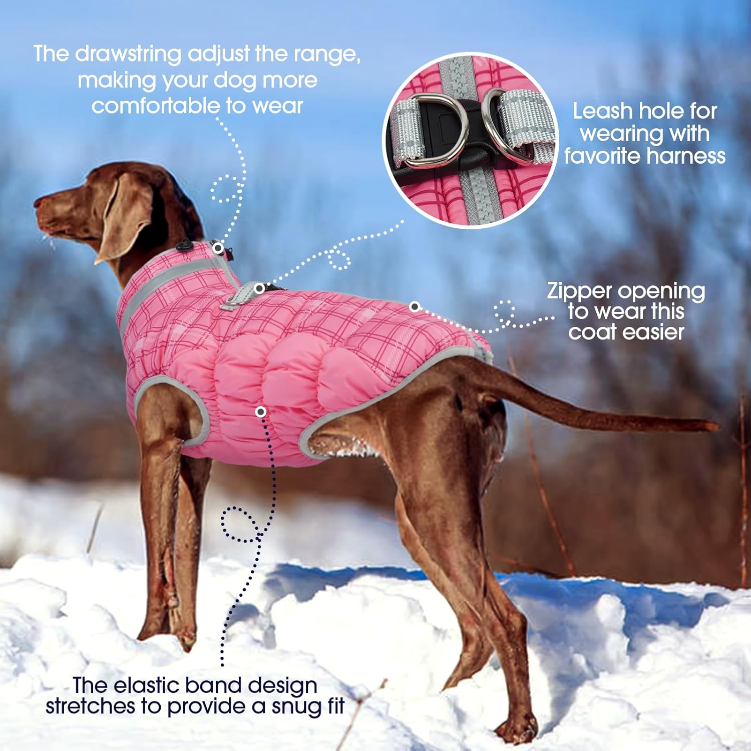 FUAMEY Dog Coat for Large Dogs,Waterproof Dog Winter Jacket with Harness Built in Puppy Cold Weather Coats Reflective Pet Vest with Zipper Warm Fleece Dogs Snowsuit Windproof Rose Plaid 3XL