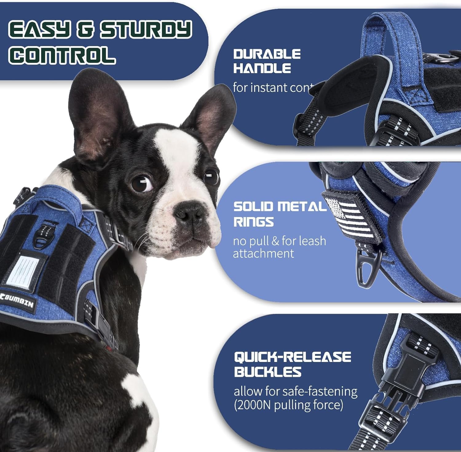 BUMBIN Tactical Dog Harness for Large Dogs No Pull, Famous TIK Tok No Pull Puppy Harness, Fit Smart Reflective Pet Walking Harness for Training, Adjustable Dog Vest Harness with Handle Denim Blue L